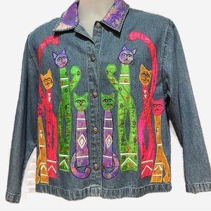 Women’s Tantrums Denim Jean Jacket Size Small Cat Detail 100% Cotton K6